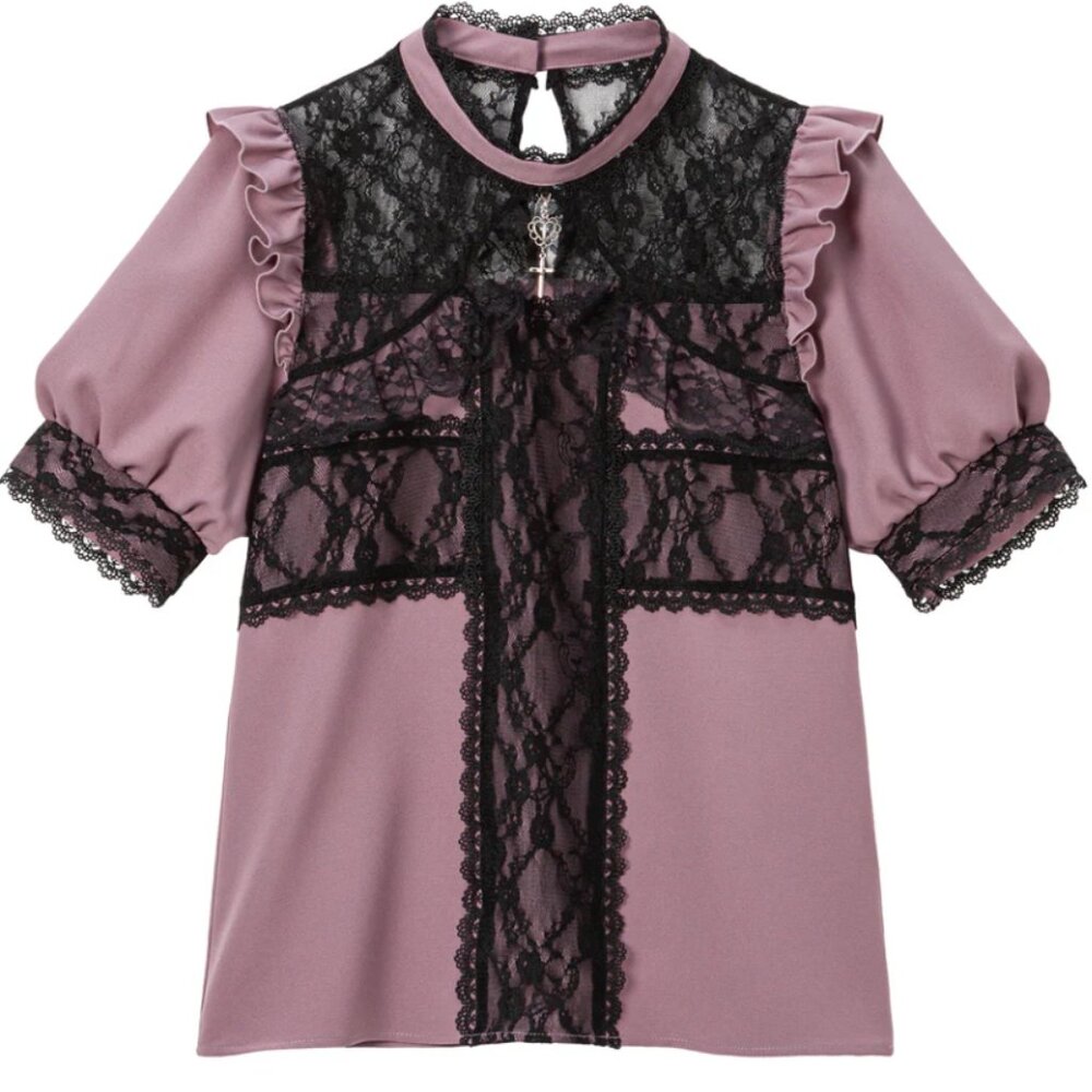Dear My Love Purple and Black Lace Cross Ruffle Short Sleeve Blouse